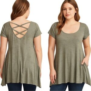 Maurices Heather Olive Green Short Sleeve Tunic Top with Crisscross Back, Size M